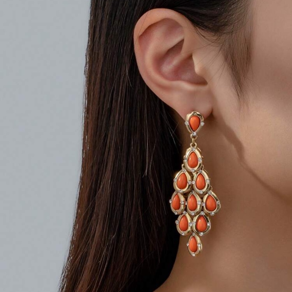 Orange Stone Petal Cascade Chandelier Earrings Gold Tone